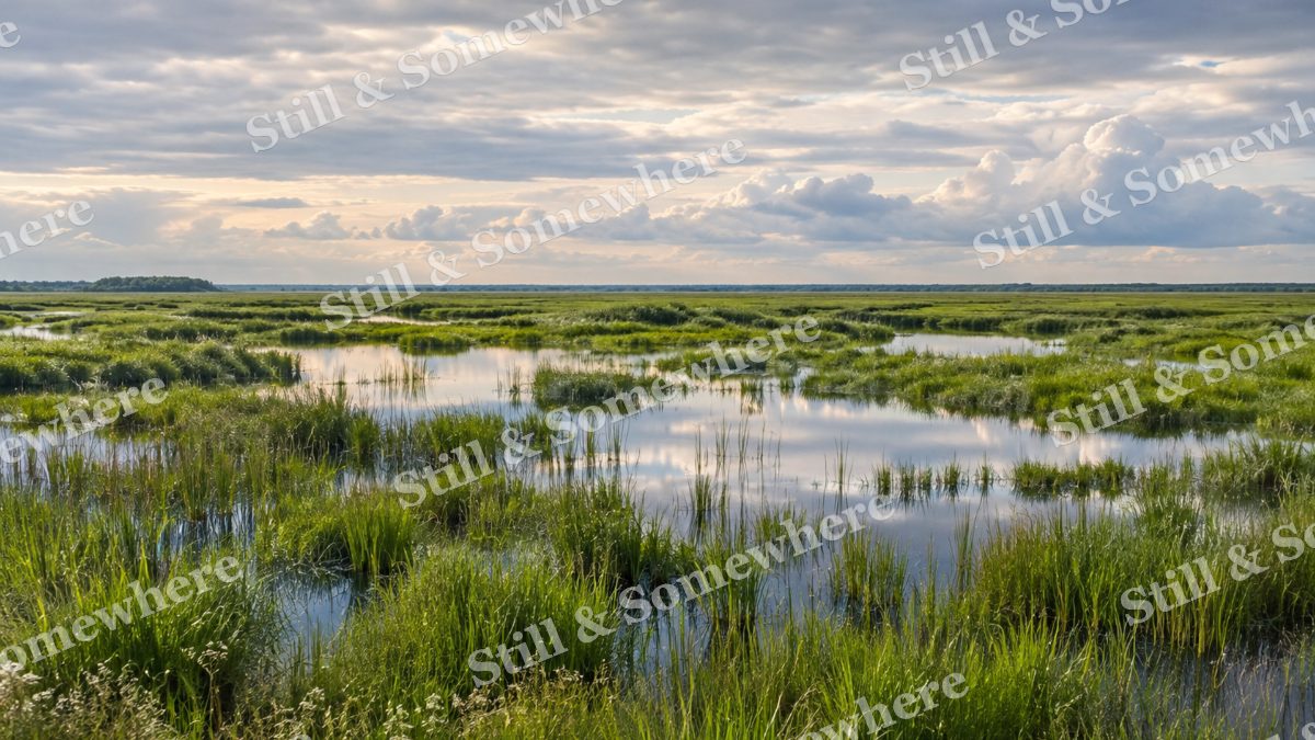 Wetland Grasses Under Pearl Clouds, scenery artwork preview