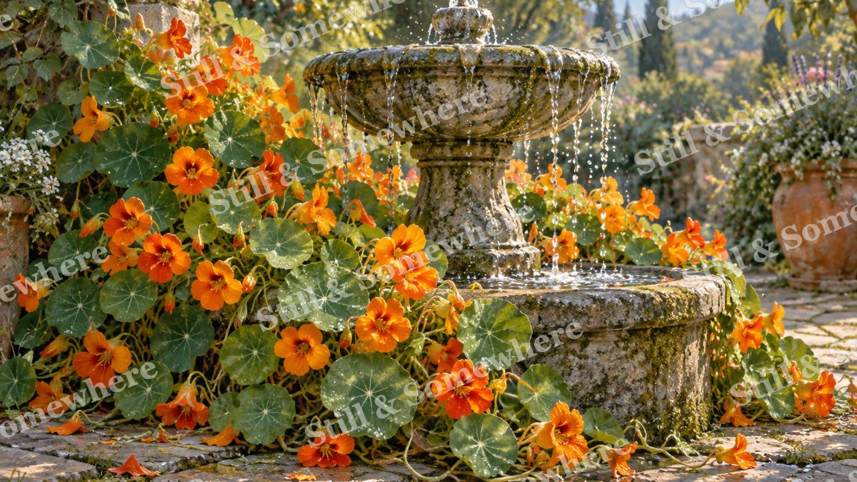 Nasturtiums around the Fountain, gardens artwork preview