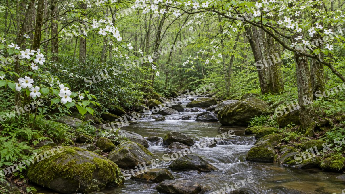Spring Creek Beneath Blooming Dogwoods, scenery artwork preview