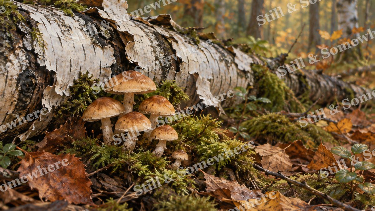 Mushrooms beside the Fallen Birch, forests artwork preview