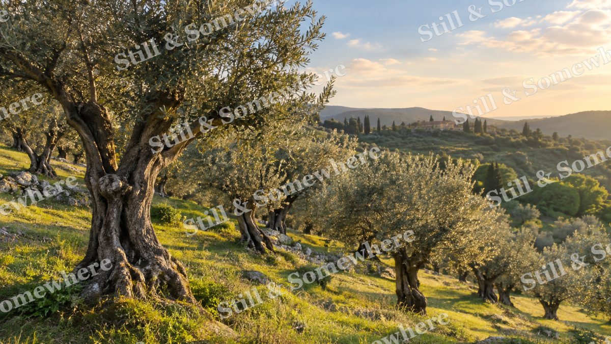 Mature Olive Grove on Grassy Slope, scenery artwork preview