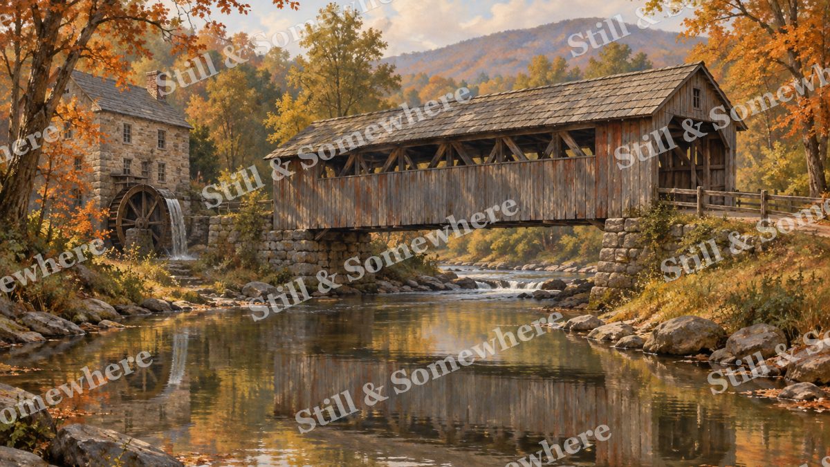 Covered Bridge beside the Mill Creek, early autumn countryside artwork preview