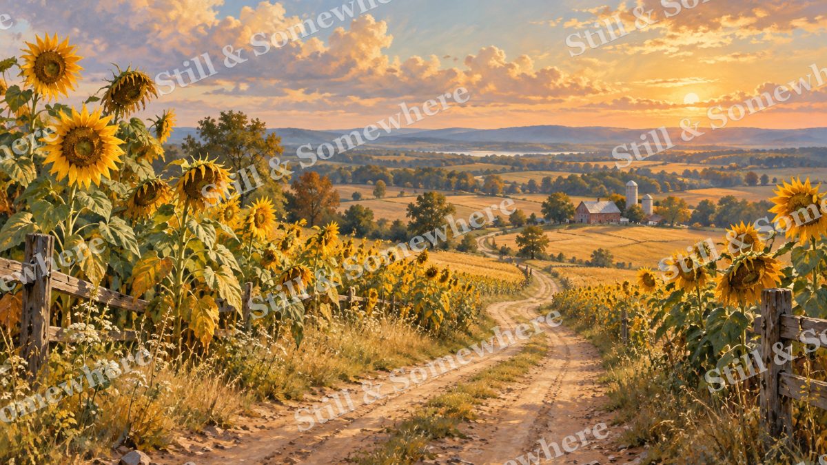 Sunflowers along the Farm Road, early autumn countryside artwork preview