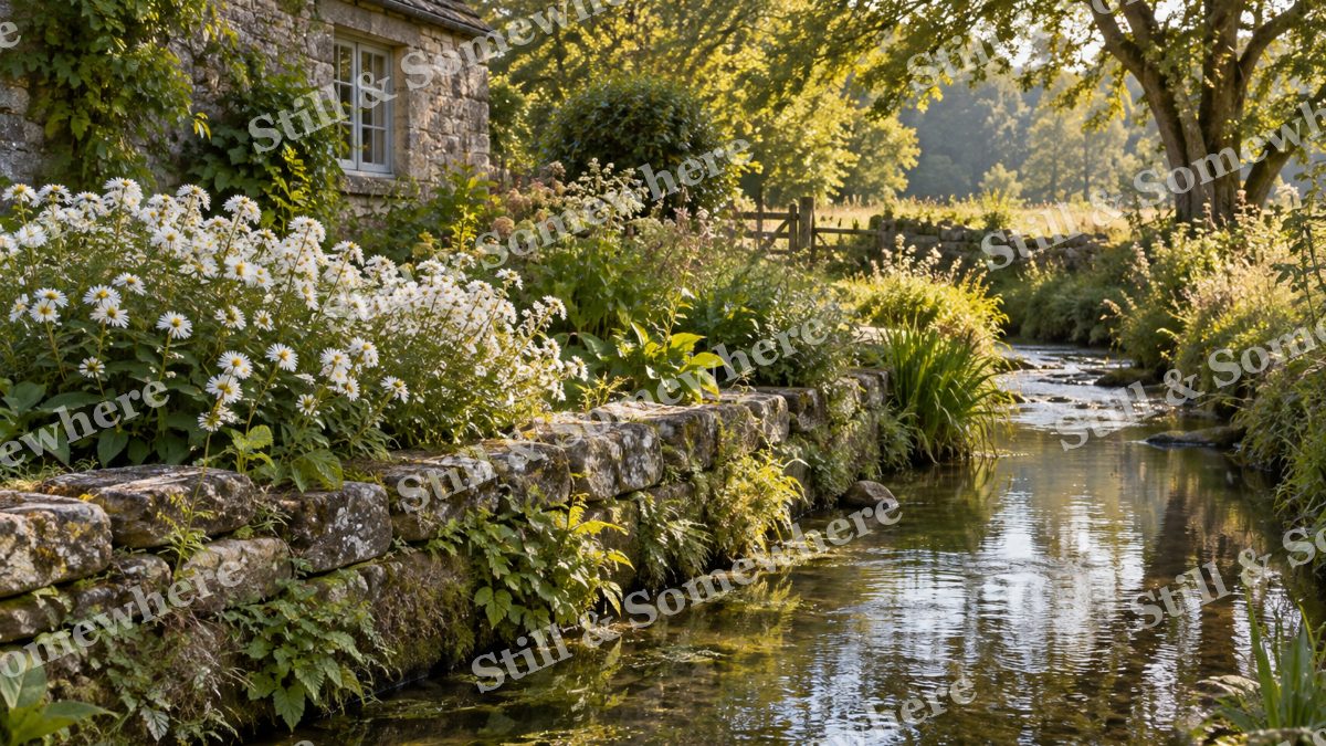 Landscapes Soft Sunshine on a Brookside Garden, peaceful landscapes artwork preview