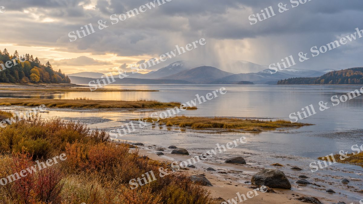 Autumn Rain over the Estuary, peaceful landscapes artwork preview