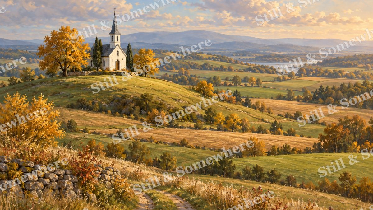Hilltop Chapel among the Fields, early autumn countryside artwork preview