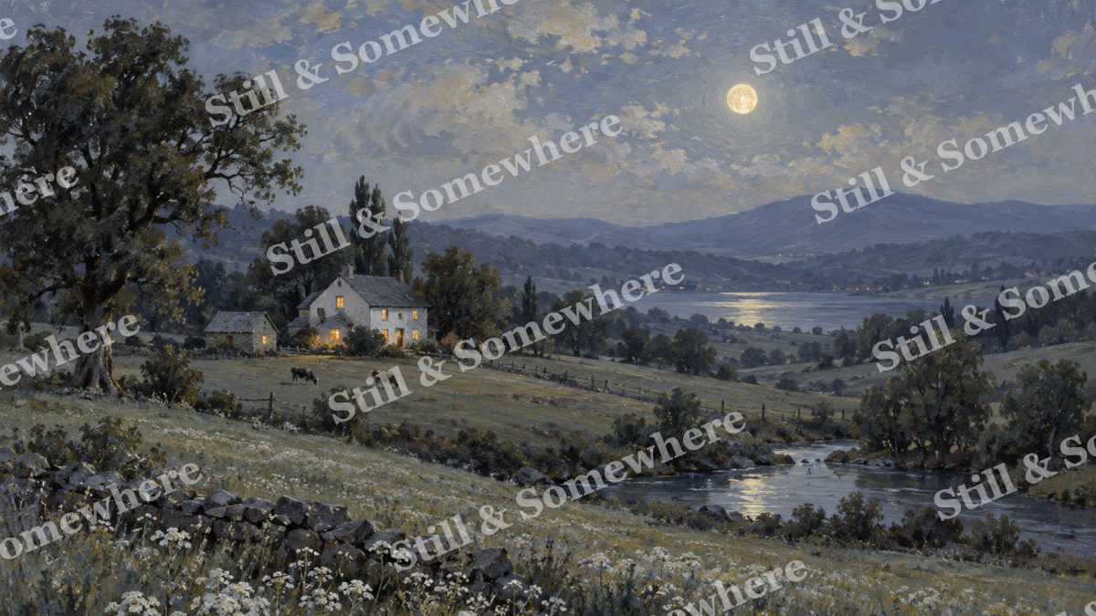 Moonlit White Farmhouse, paintings artwork preview