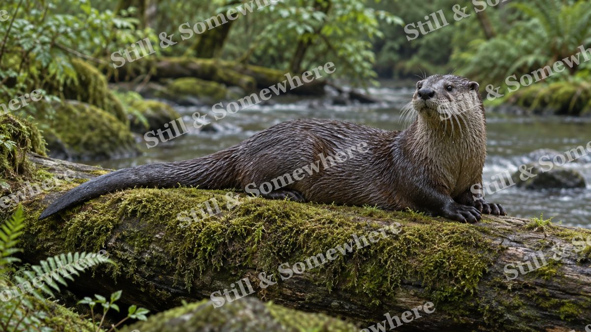 River Otter Mossy Log, wildlife artwork preview