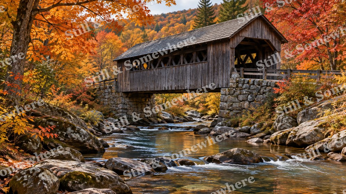 Covered Bridge in October, fall artwork preview