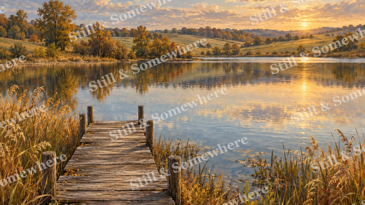 Fishing Dock on the Farm Reservoir, early autumn countryside artwork preview
