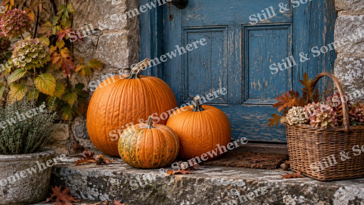 Pumpkins by a Blue Door, fall artwork preview
