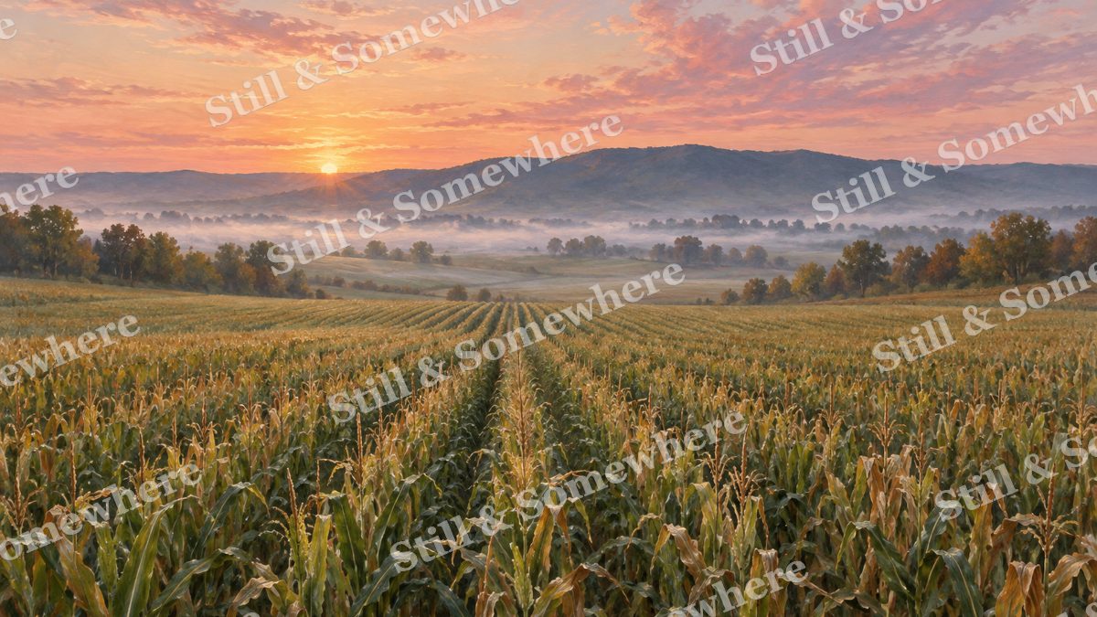 Dawn above the Corn Rows, early autumn countryside artwork preview