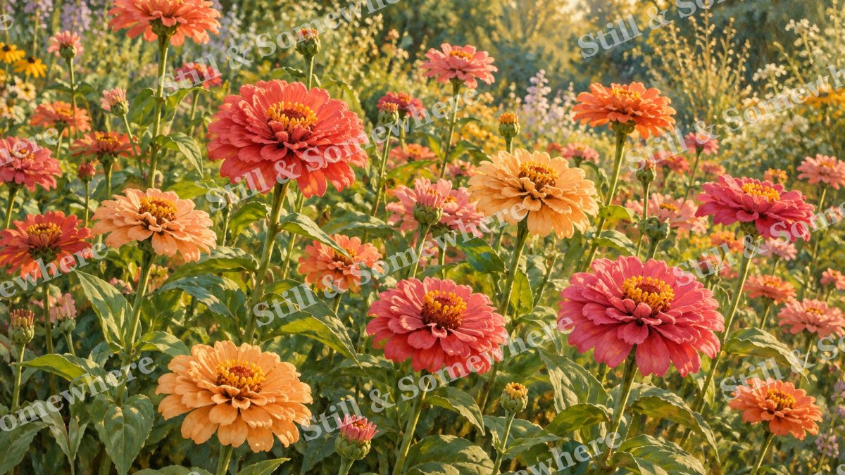 Zinnias in Late Summer Color, botanicals artwork preview