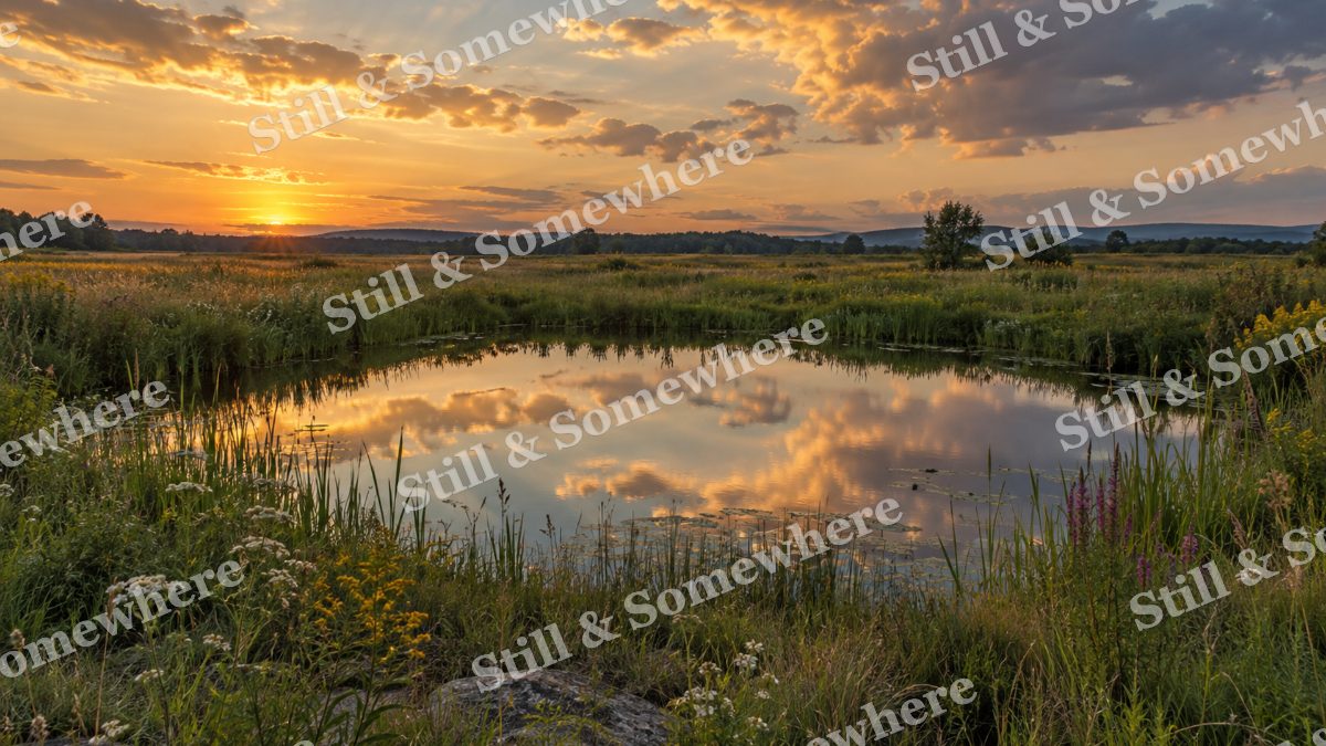 Landscapes Gold Clouds Over a Quiet Meadow Pond, peaceful landscapes artwork preview