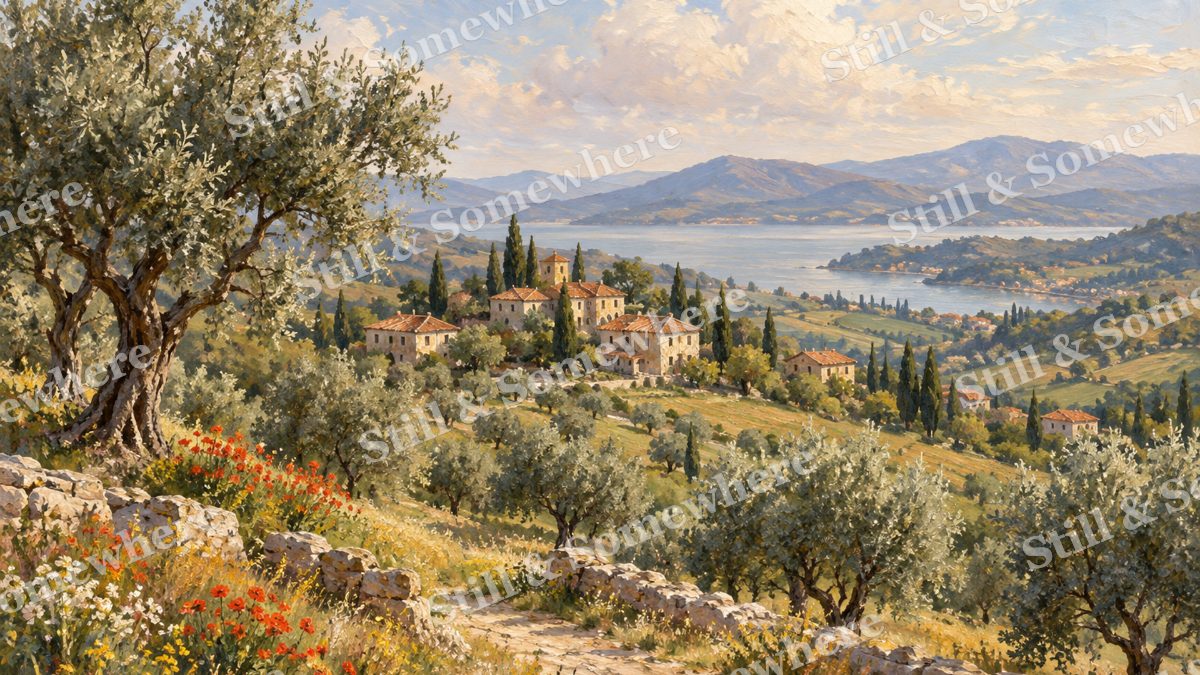 Distant Red Roofs, paintings artwork preview