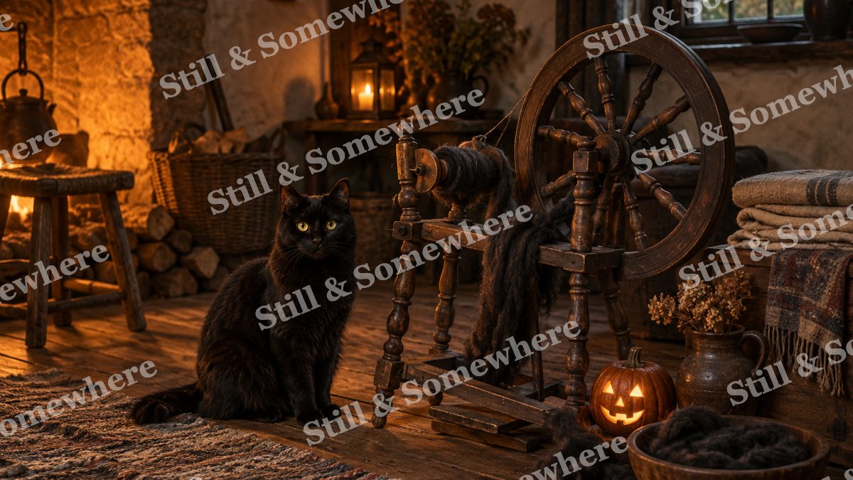 Black Cat by the Spinning Wheel, halloween artwork preview