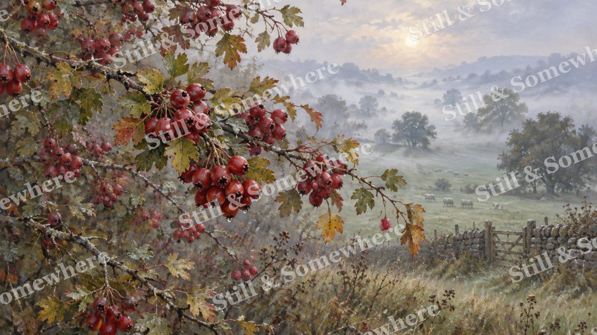 Hawthorn Berries in the Mist, botanicals artwork preview