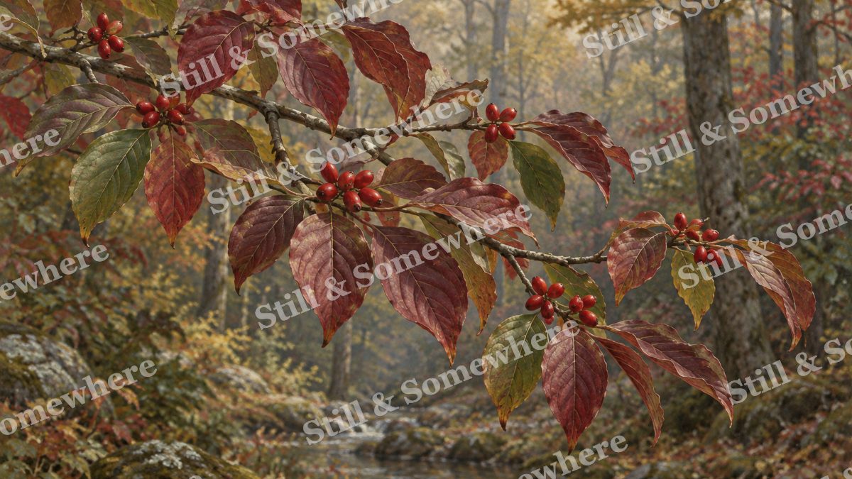 Dogwood Leaves and Red Fruit, botanicals artwork preview