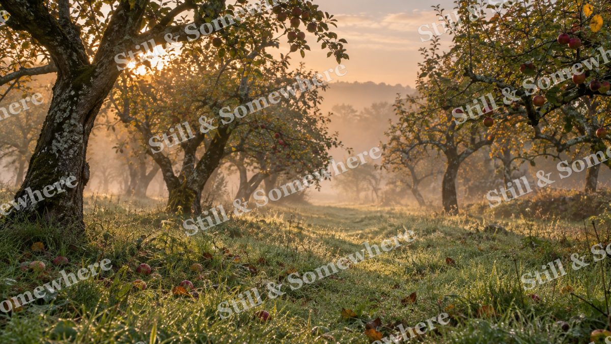 Landscapes Morning Mist Between Apple Orchard Rows, peaceful landscapes artwork preview