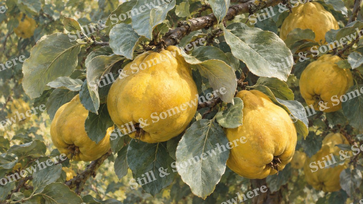 Quince Fruit among Silver Leaves, botanicals artwork preview
