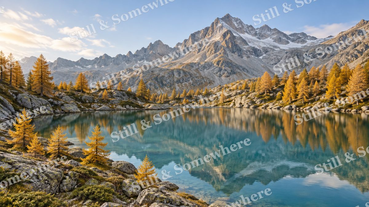 Golden Larches beside the Tarn, peaceful landscapes artwork preview