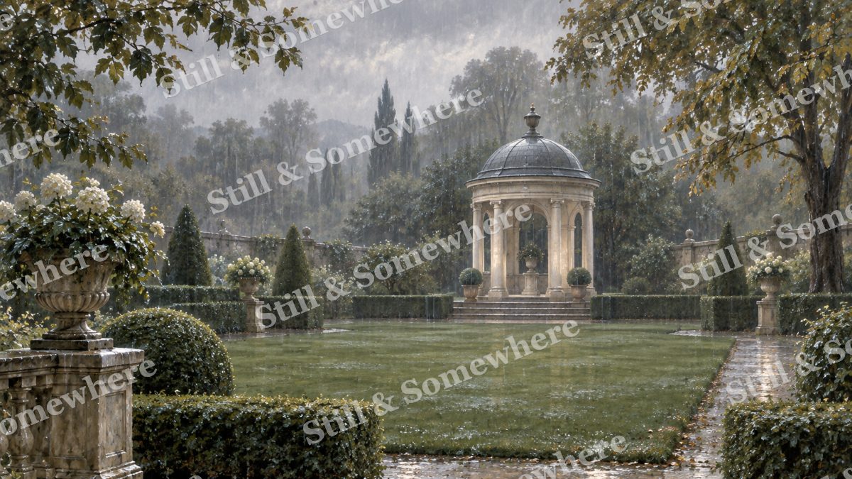 Garden Pavilion in Silver Rain, gardens artwork preview
