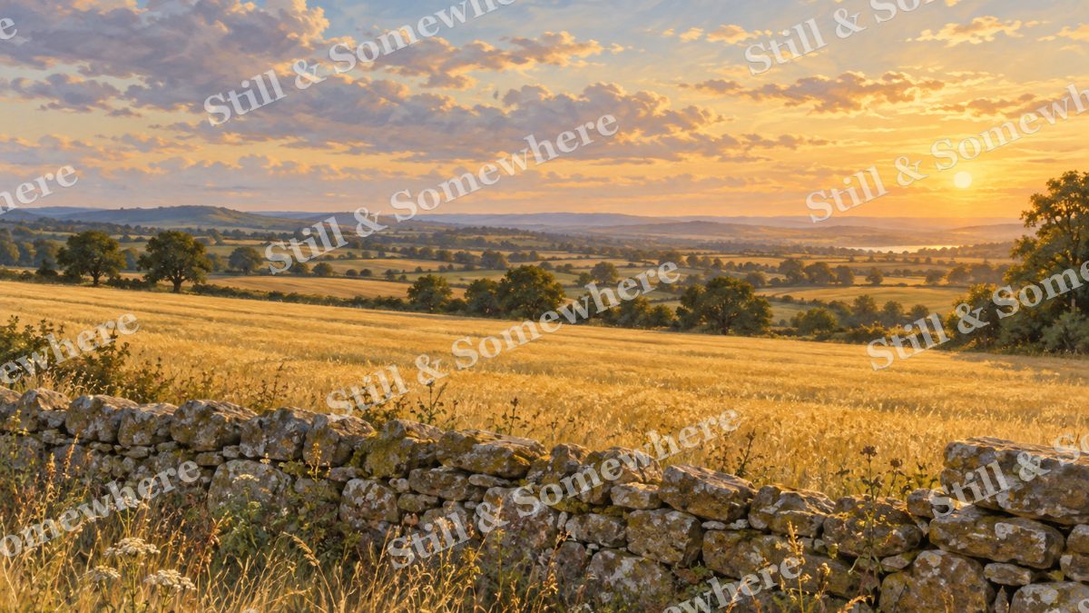Golden Fields beyond the Stone Wall, early autumn countryside artwork preview