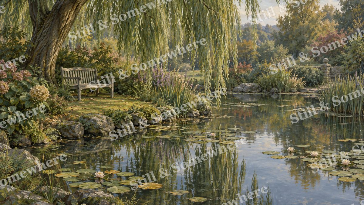 Willow Bench beside the Pond, gardens artwork preview