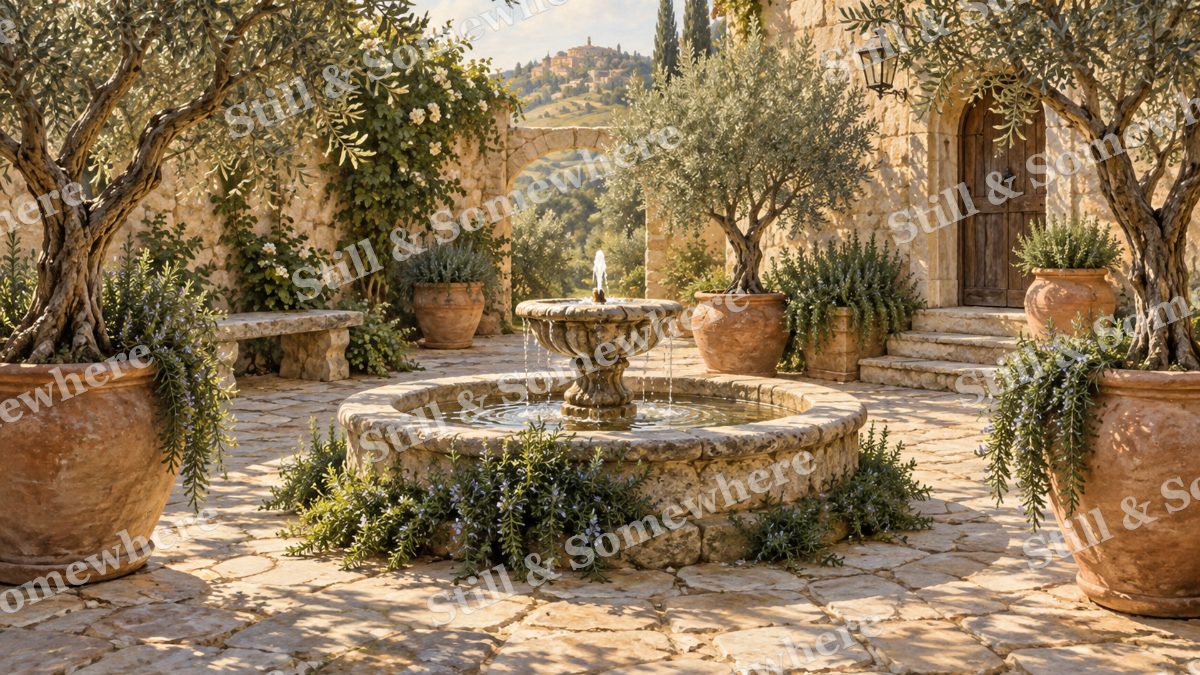 Courtyard Fountain and Olive Trees, gardens artwork preview