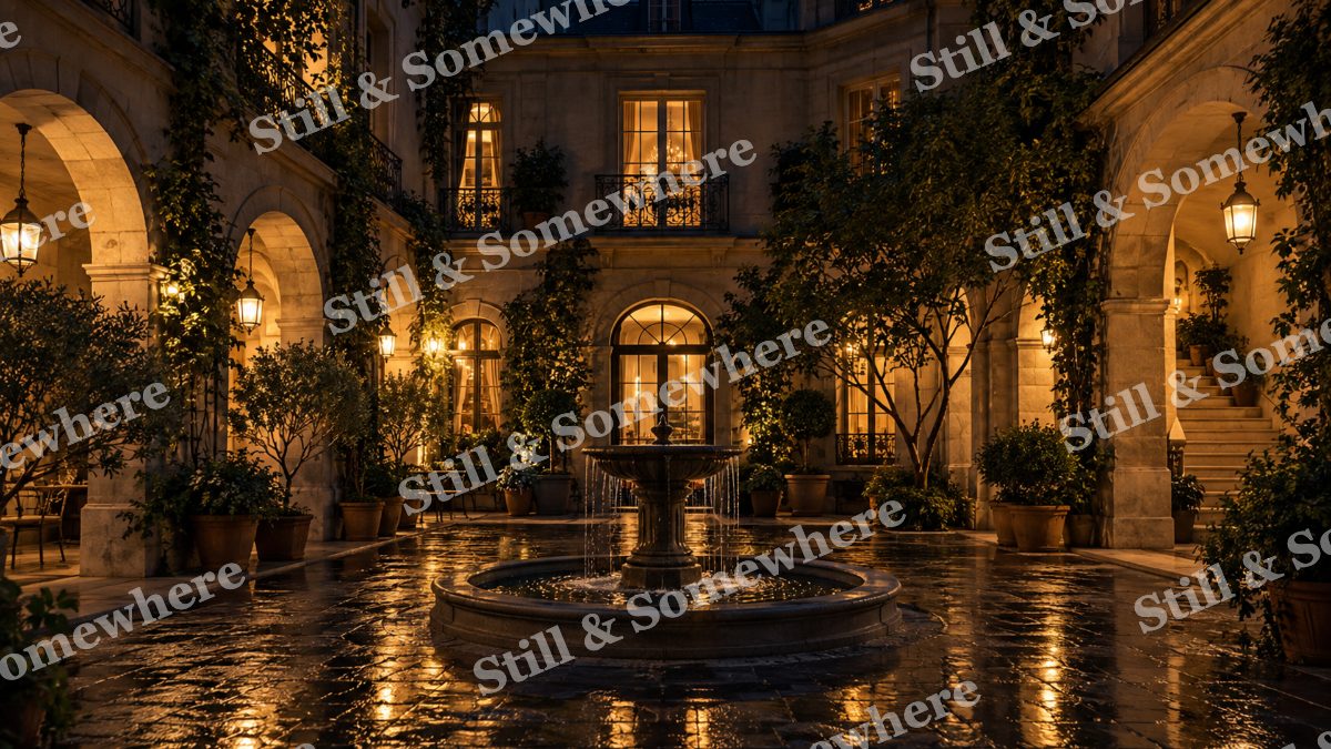 Lights Courtyard Fountain Evening, city lights artwork preview