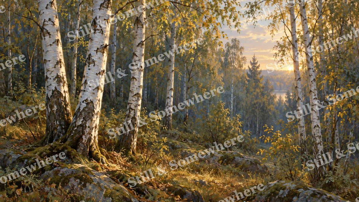 Silver Birches in Evening Light, forests artwork preview