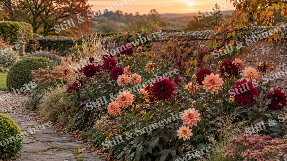 Dahlias by the Garden Wall, gardens artwork preview