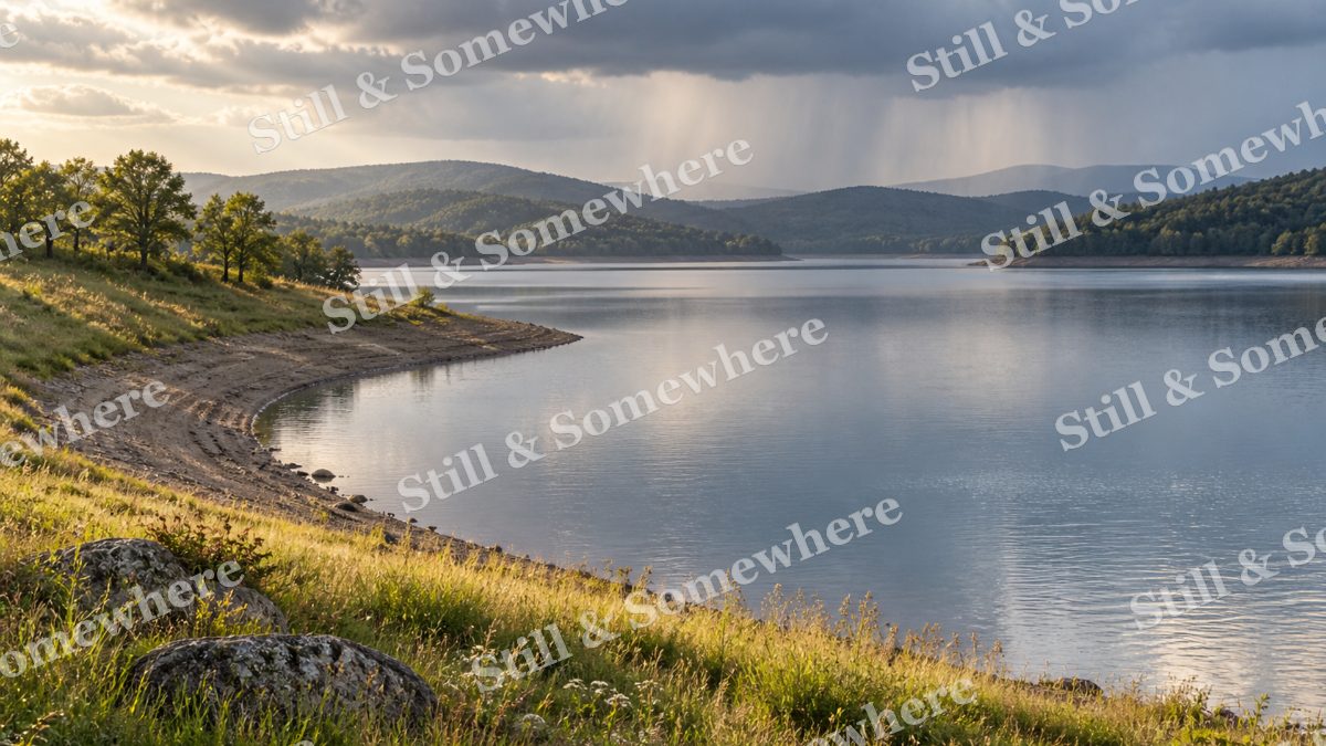 Landscapes Distant Rain Above a Tranquil Reservoir, peaceful landscapes artwork preview