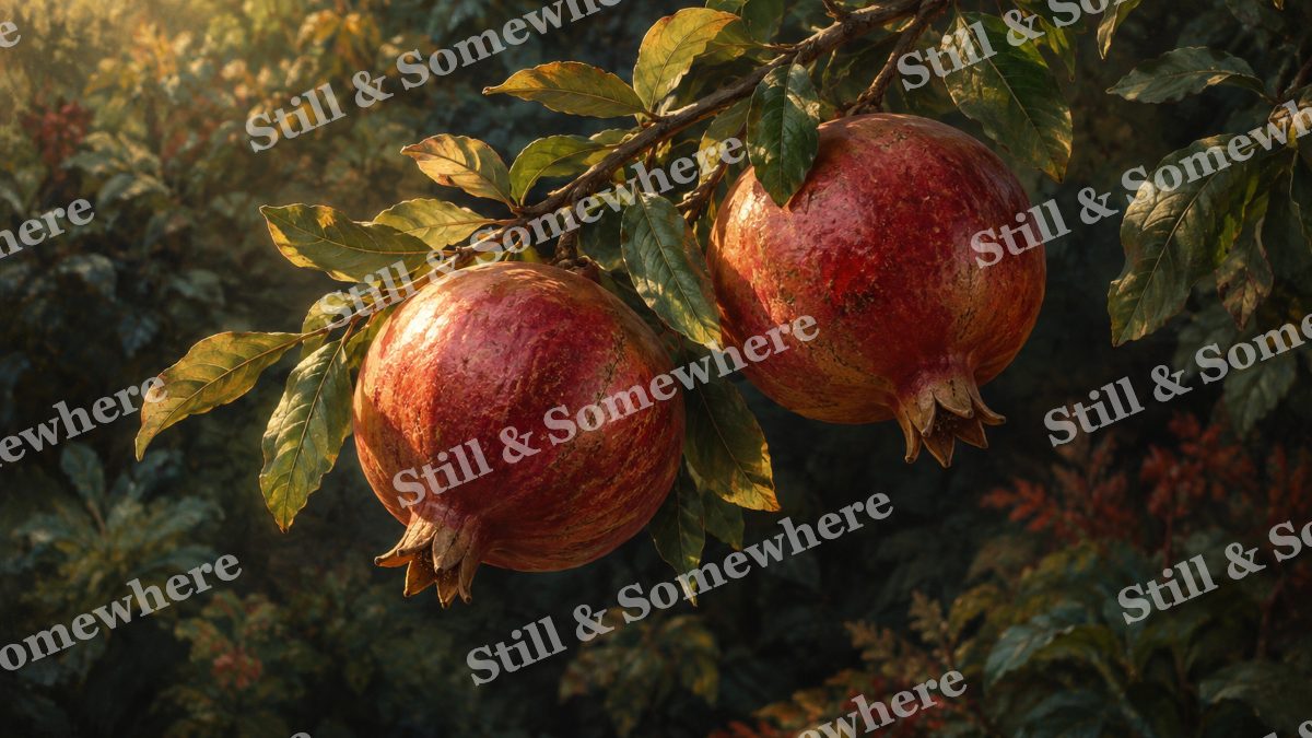 Pomegranate Branch in Warm Light, botanicals artwork preview