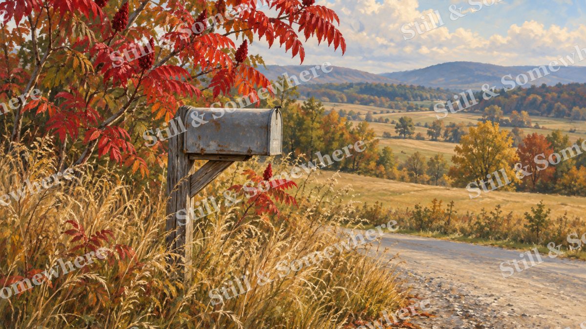 Rural Mailbox beneath Red Sumac, early autumn countryside artwork preview