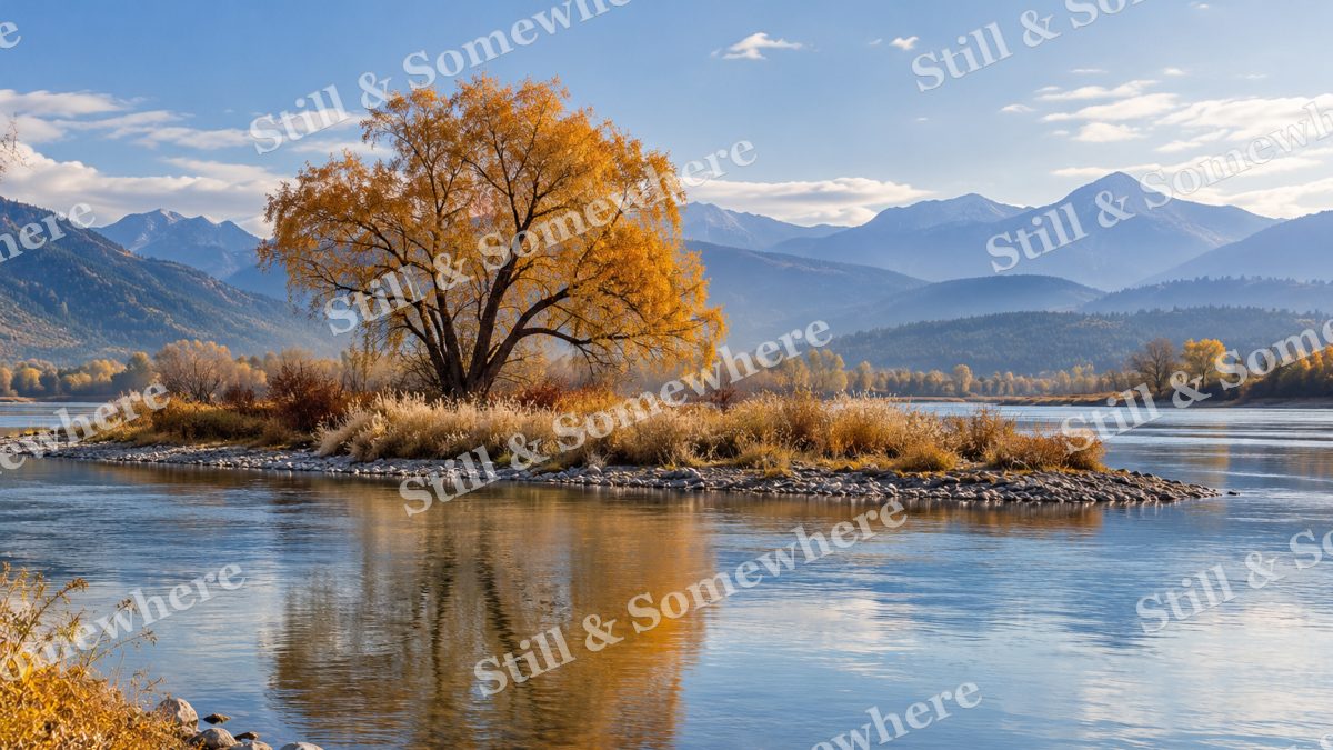 Copper Willow on the River Island, peaceful landscapes artwork preview