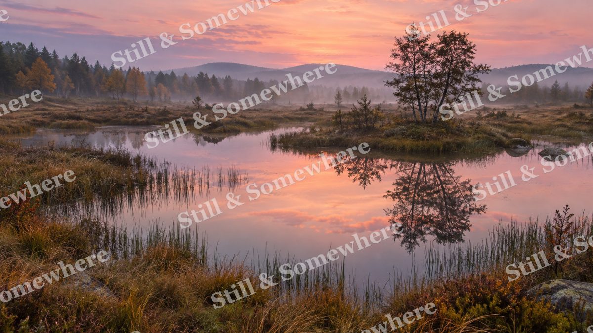 Landscapes Rose Dawn Over a Reed Fringed Pond, peaceful landscapes artwork preview