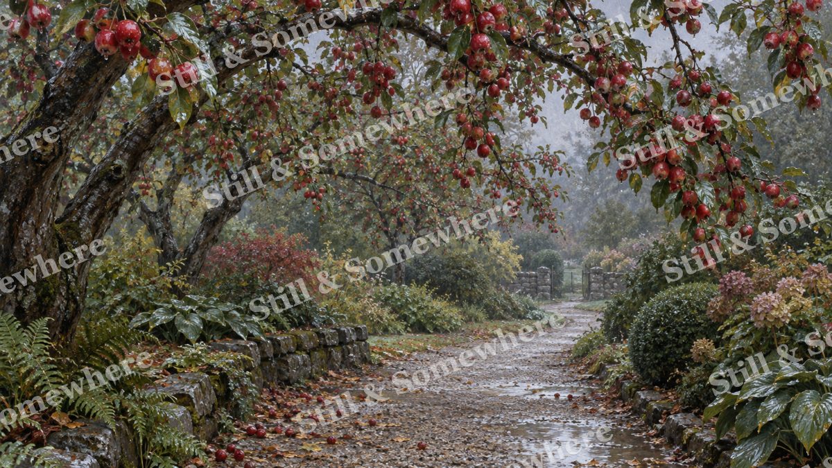 Crabapple Walk after Rain, gardens artwork preview