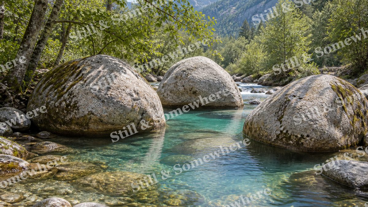 Landscapes Still Water Among Smooth River Boulders, peaceful landscapes artwork preview