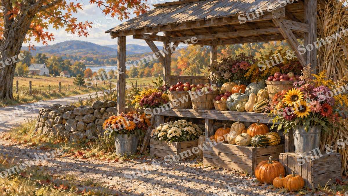 Morning at the Farmstand, early autumn countryside artwork preview