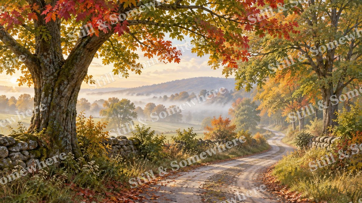 Country Lane beneath Turning Maples, early autumn countryside artwork preview