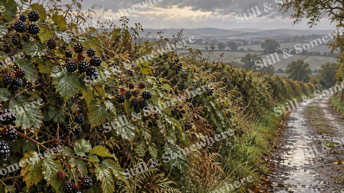 Blackberry Hedgerow after Rain, early autumn countryside artwork preview
