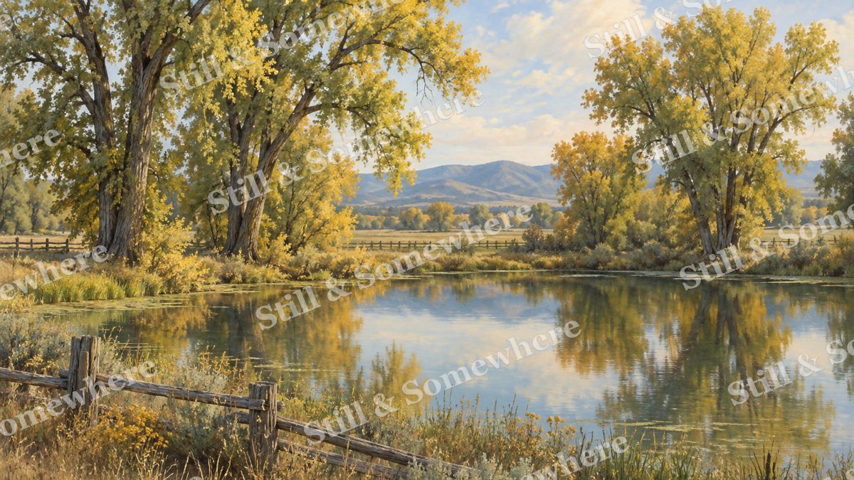 Farm Pond under Cottonwood Trees, early autumn countryside artwork preview