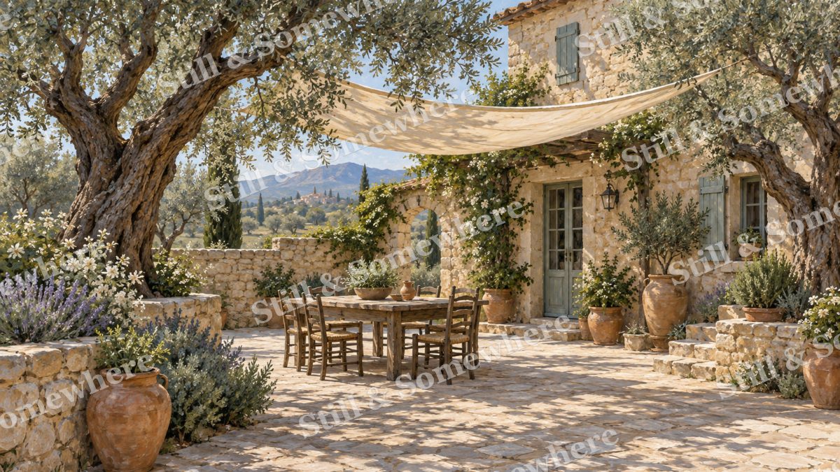 Quiet Courtyard with Olive Trees, cottages artwork preview