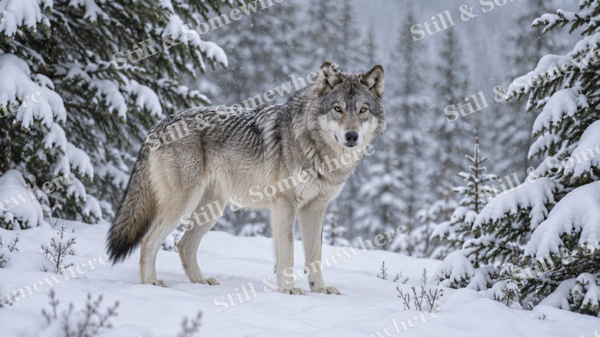 Gray Wolf Snowy Pines, wildlife artwork preview