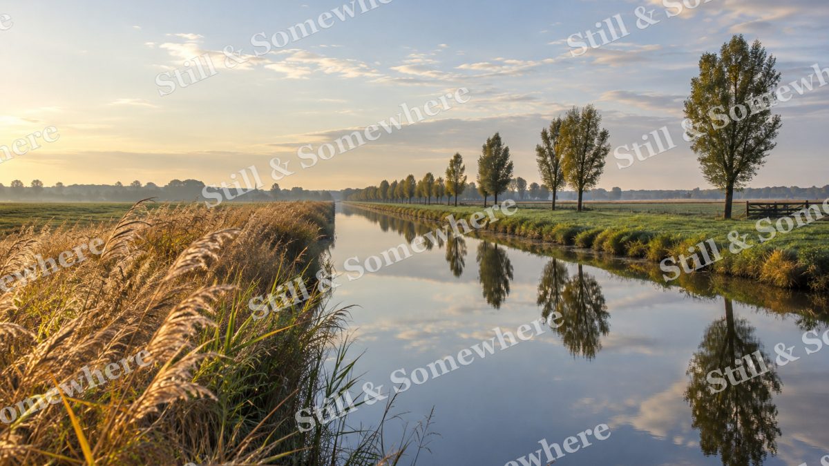 Landscapes Golden Grass Along a Quiet Canal, peaceful landscapes artwork preview