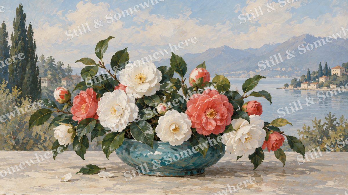 Camellias in a Shallow Vase, paintings artwork preview