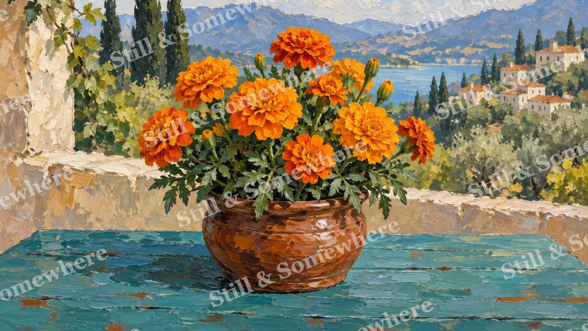 Marigolds in an Earthenware Pot, paintings artwork preview