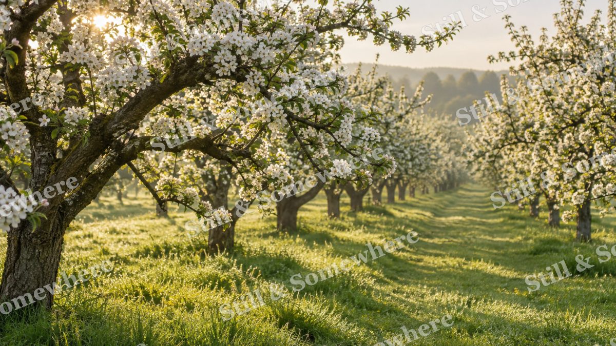 White Blossom Orchard at Dawn, scenery artwork preview