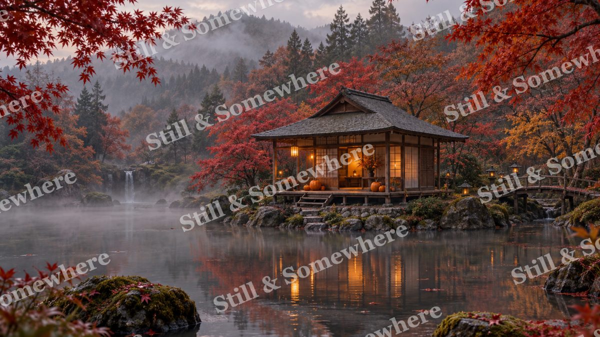 Halloween Teahouse in Mist, halloween artwork preview